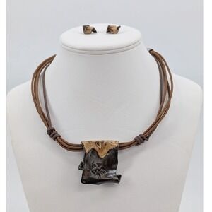 VTG Peru Ceramic Studio Art Pottery Necklace and Earrings Set Brown Brutalist